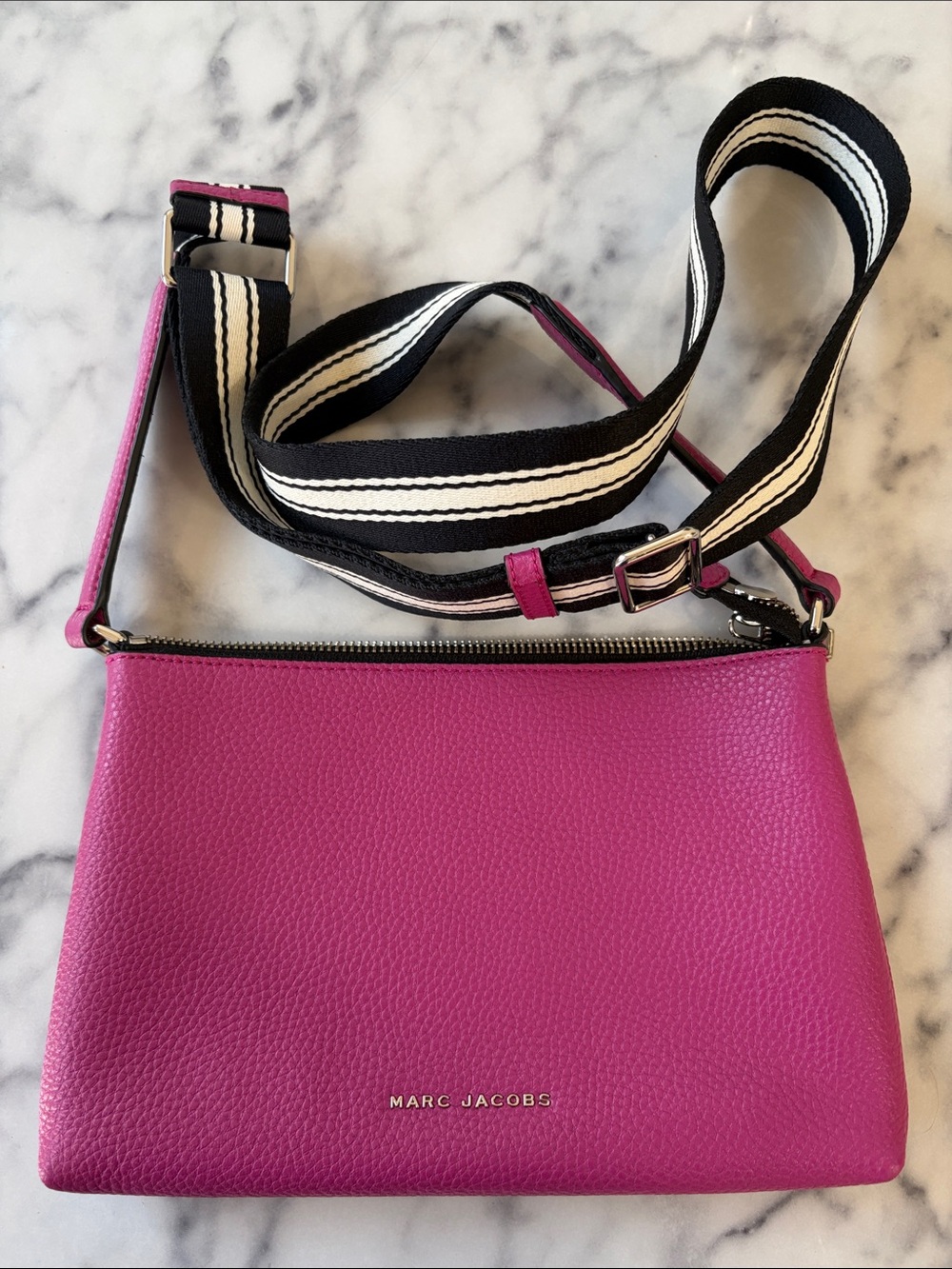 Marc Jacobs Fuchsia Pebbled Leather Crossbody with Black-and-White Strap
